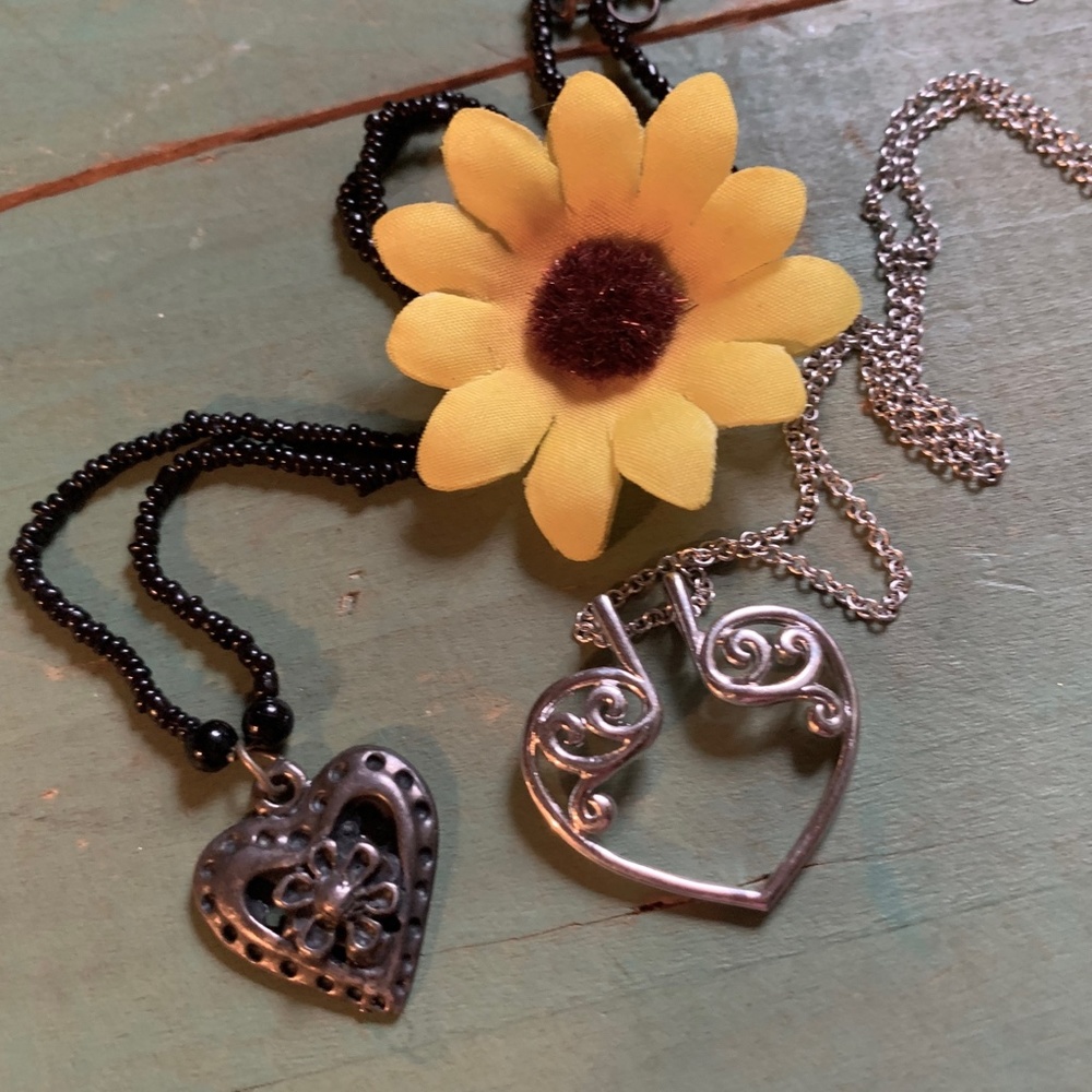 ♥️ Heart Necklaces - Sterling Silver Black Seed Bead & Silver Tone Open Heart ♥️